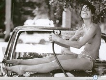 Milla Jovovich nude black white washing car wallpaper